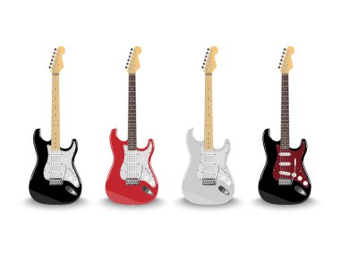 Beyaz arkaplanda izole edilmiş farklı renklerde gerçekçi elektro gitar, vektör illüstrasyonu