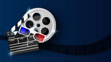 Mavi arka planda el çırpma tahtası ve film makarası, sinema arka planı konsepti, vektör illüstrasyonu