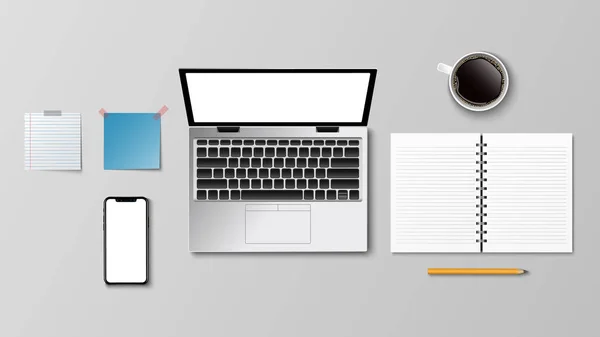 現代の職場 ノートパソコンのコーヒーペーパーノートの鉛筆の白い背景とテキスト ビジネスコンセプト ベクトルイラストのためのコピースペースのトップビュー — ストックベクタ