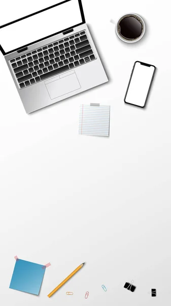 Draufsicht Auf Modernen Arbeitsplatz Laptop Kaffeepapier Notizstift Auf Weißem Hintergrund — Stockvektor