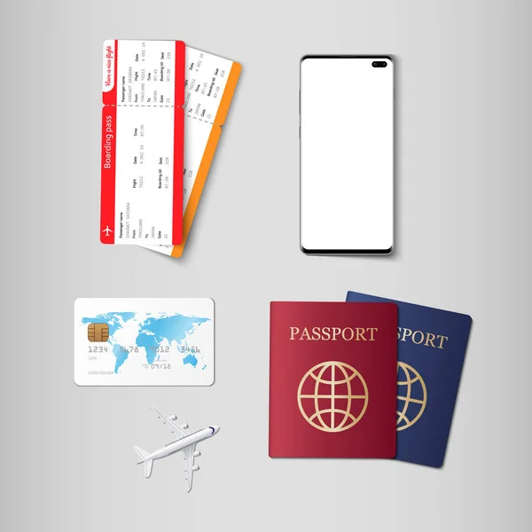 Ταξιδιωτική Έννοια Διαβατήριο Κάρτα Επιβίβασης Καλάθι Πιστώσεων Και Smartphone Διανυσματική — Διανυσματικό Αρχείο