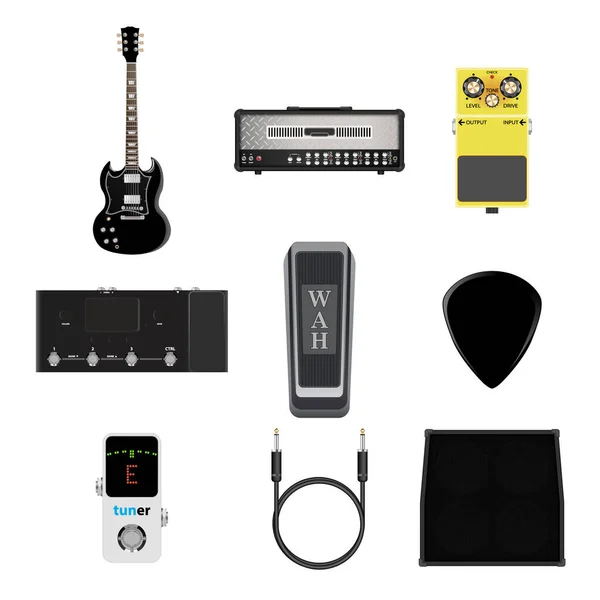 Icône Instruments Musique Guitare Amplificateur Prise Câble Signal Pédale Sélection — Image vectorielle
