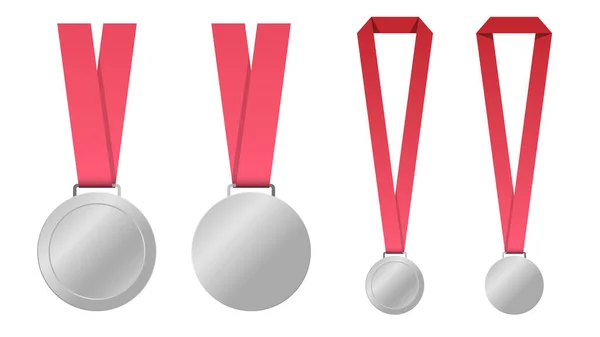 Conjunto Medalha Branco Com Modelo Fita Vermelha Ilustração Vetorial —  Vetores de Stock