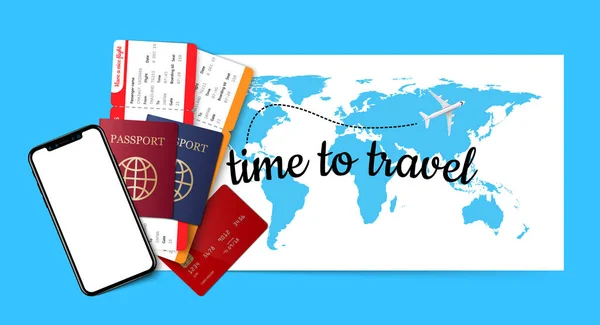 Ταξιδιωτικό Υπόβαθρο Έννοια Διαβατήριο Κάρτα Επιβίβασης Καλάθι Πιστώσεων Και Smartphone — Διανυσματικό Αρχείο