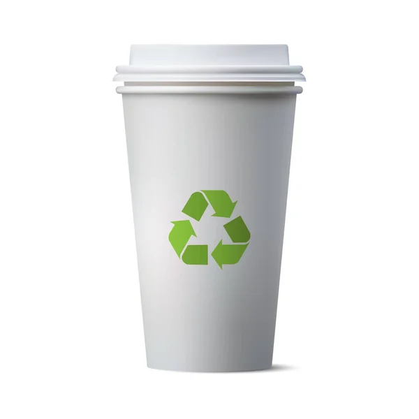 Realistiskt Papper Kaffekopp Och Återvinningsskylt Eco Pappersmugg Vektor Illustration — Stock vektor