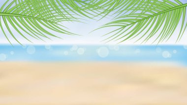 Tropikal deniz arka planında yaz plajı ve palmiye ağaçları, vektör çizimi