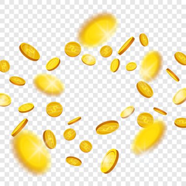 Merkezden gelen altın sikkeler şeffaf arkaplan, vektör illüstrasyonunda izole edildi