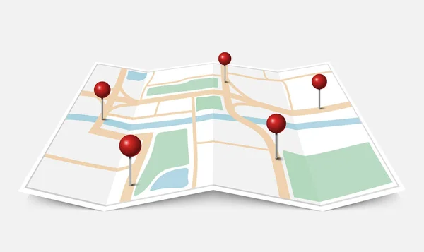 赤いピンポインタで紙の都市地図を折り畳む ベクトル図 — ストックベクタ