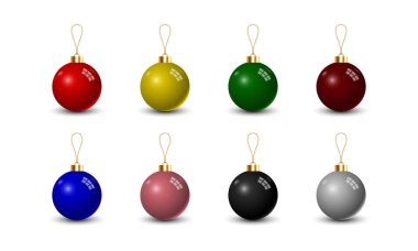 Beyaz arkaplanda izole edilmiş bir Noel topu kümesi, vektör illüstrasyonu