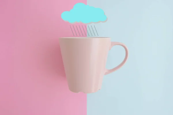 Conceito Configuração Plana Mínima Xícara Café Rosa Desenho Nuvem Chuva — Fotografia de Stock