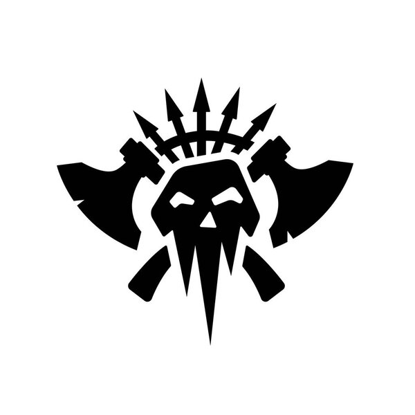 Черные силуэты символа клана орков на белом фоне. Знак "Воин". Баннер фэнтези-игр с топором и черепом
