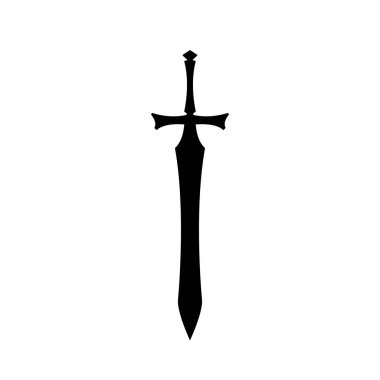 Ortaçağ şövalye kılıcı beyaz arka planda siyah siluetler. Paladin silah simgesi. Fantezi savaşçı ekipman