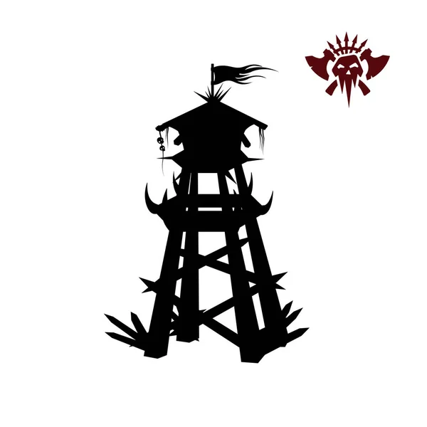 Zwarte silhouet van orcs toren. Fantasie-object. Archer middeleeuwse uitkijktoren. Spel Fort pictogram — Stockvector