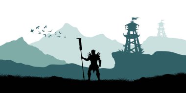 Orc savaşçı Kulesi arka plan üzerinde siyah silüeti. Fantezi manzara. Ortaçağ panorama. Savaş watchtower ile sahne