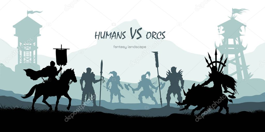 Black silhouette of battle orcs and humans. Fantasy landscape. Medieval 2d panorama. Knights and warriors fighting scene. Panorama with towers