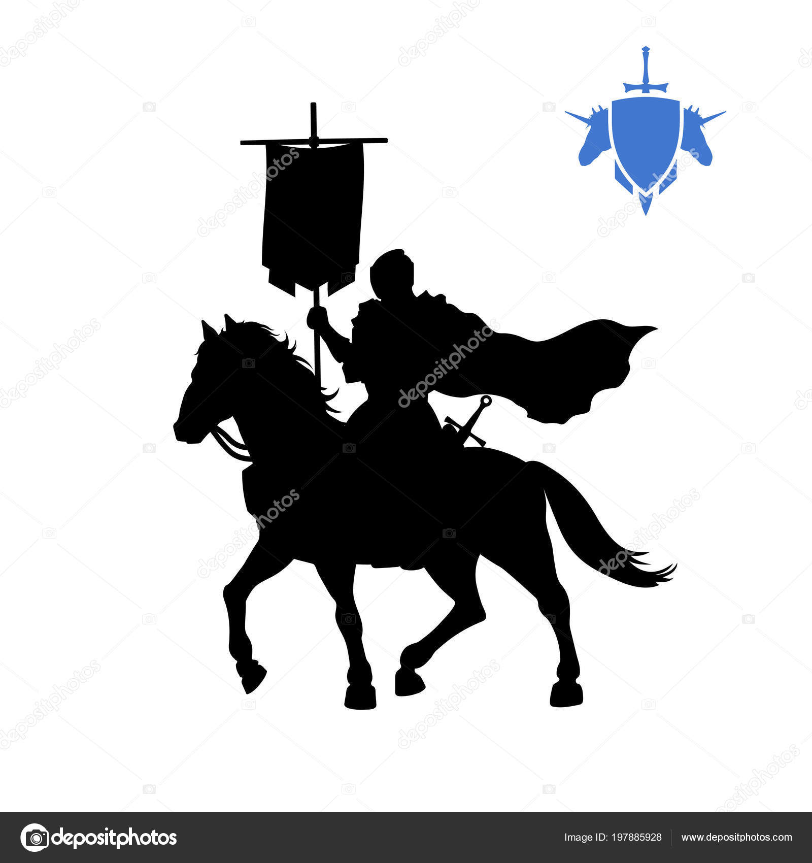 Черный Силуэт Средневекового Рыцаря Со Знаменем. Персонаж.