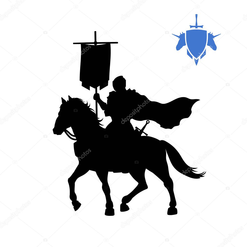 Black silhouette of medieval knight with banner . Fantasy warlord character. Games icon of paladin on horse. Isolated drawing of warrior