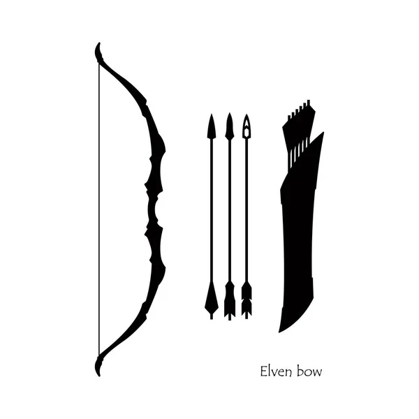 Silhouette nere di arco elfico con frecce su sfondo bianco. Icona dell'arma dei cacciatori. Attrezzature per tiro con l'arco fantasia — Vettoriale Stock
