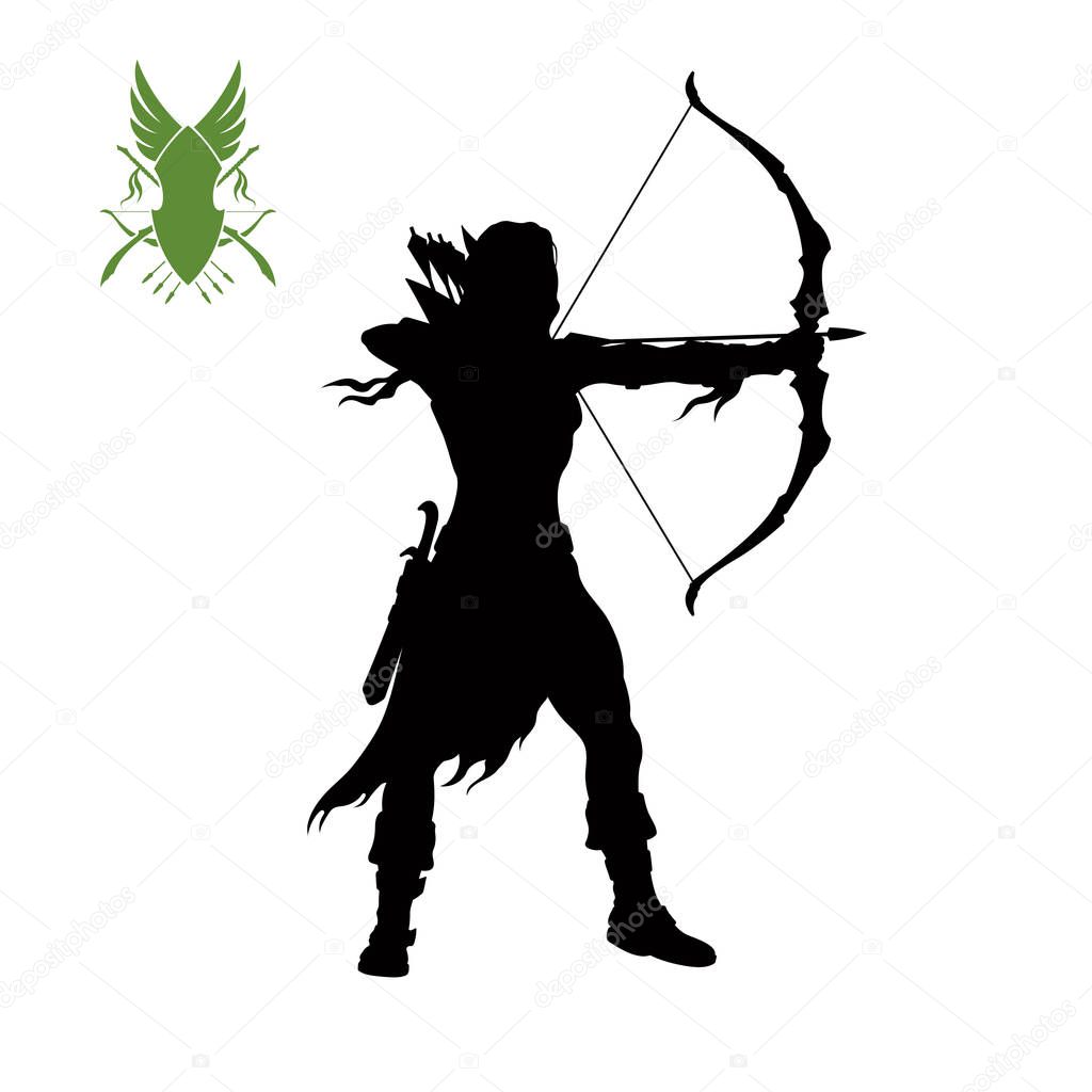 Black silhouette of elven archer with bow. Fantasy character. Games icon of scout with weapon. Isolated drawing of archery. Vector illustration