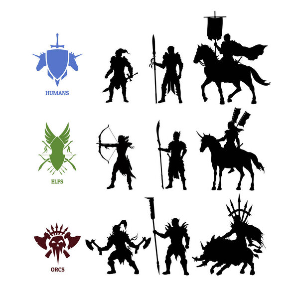 Black silhouettes games characters. Elfs, orcs and humans warrior. Fantasy knights. Icon of medieval units. Isolated drawing of fantastical warlords