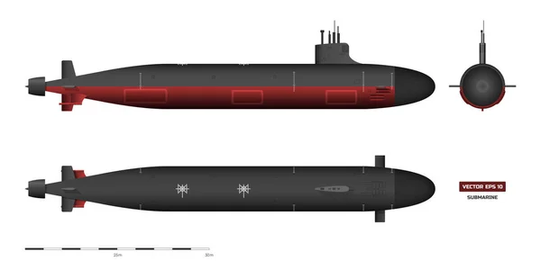 Gambaran rinci kapal selam. Kapal militer. Atas, depan dan samping tampilan. Model kapal perang. Industri gambar. Kapal perang dalam gaya realistis - Stok Vektor