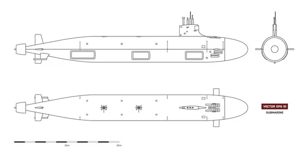 Planta do submarino. Navio militar. Vista superior, frontal e lateral. Modelo de nave de guerra. Desenho industrial. Navio de guerra em estilo esboço —  Vetores de Stock