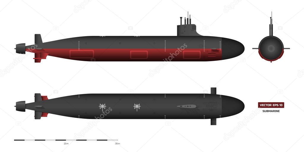 Detailed image of submarine. Military ship. Top, front and side view. Battleship model. Industrial drawing. Warship in realistic style