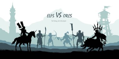 Savaş orklar ve elfs siyah silüeti. Fantezi manzara. Ortaçağ 2B panorama. Knights ve sahne mücadele savaşçılar. Sahne kuleli