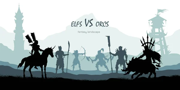 Zwarte silhouet van slag orcs en elfs. Fantasie landschap. Middeleeuwse 2d panorama. Ridders en krijgers vechten scène. Landschap met torens — Stockvector