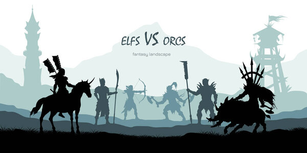 Black silhouette of battle orcs and elfs. Fantasy landscape. Medieval 2d panorama. Knights and warriors fighting scene. Scenery with towers
