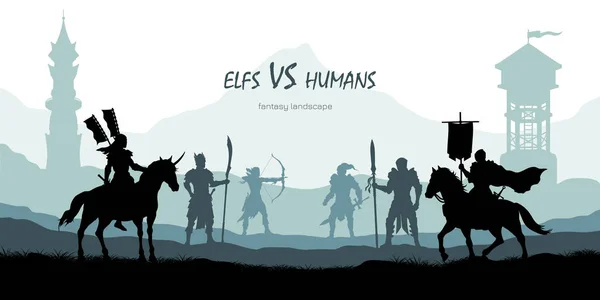 Black silhouette of battle humans and elfs. Fantasy landscape. Medieval 2d panorama. Knights and warriors fighting scene. Scenery with towers — Stock Vector