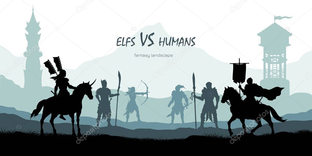 Black silhouette of battle humans and elfs. Fantasy landscape. Medieval 2d panorama. Knights and warriors fighting scene. Scenery with towers