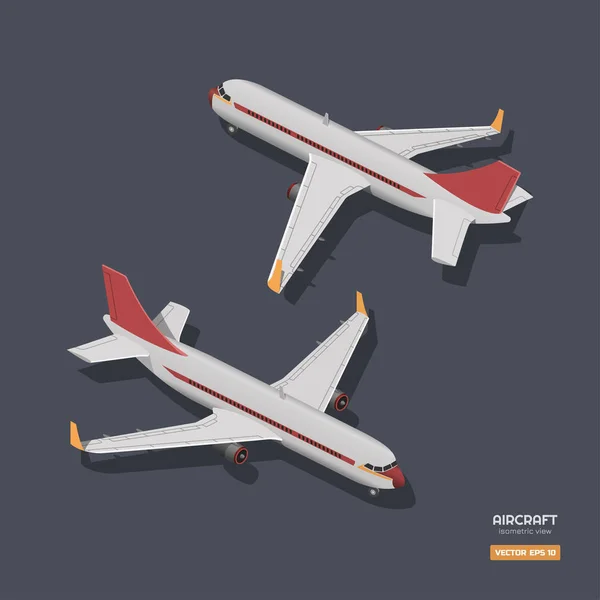 Aviones civiles de estilo isométrico. Dibujo industrial de avión 3d. Vista frontal y trasera. Icono de avión para juego o infografía — Vector de stock