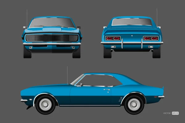 Coche retro de los años 60. Automóvil vintage azul americano en estilo realista. Vista frontal, lateral y trasera. 3d clásico auto — Vector de stock