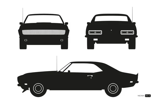 Silhueta preta de carro retro. Automóvel vintage americano da década de 1960. Vista frontal, lateral e traseira. Automóvel clássico — Vetor de Stock