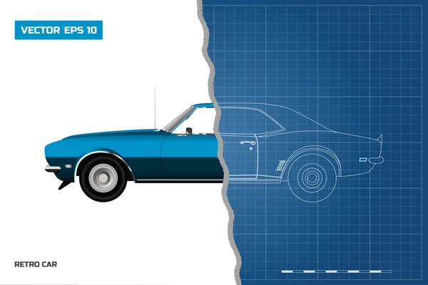 Plano del coche retro. Automóvil vintage americano de los años 60. Vista lateral. Auto clásico — Vector de stock