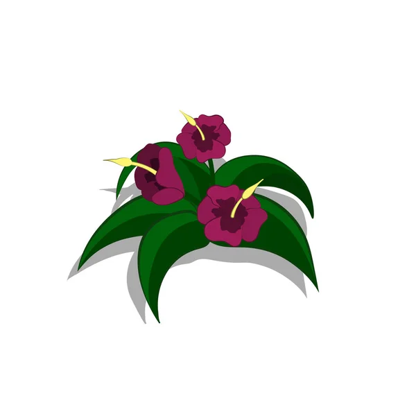 Растения в изометрическом стиле. Карикатурные тропические кусты с фиолетовыми цветами на белом фоне. Изолированный образ природы джунглей — стоковый вектор