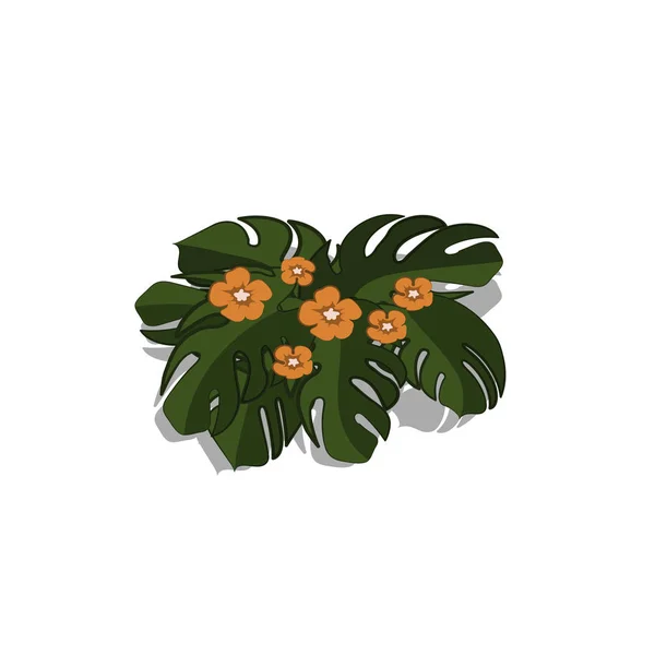 Растения в изометрическом стиле. Карикатурные тропические кусты с оранжевыми цветами на белом фоне. Изолированный образ природы джунглей — стоковый вектор