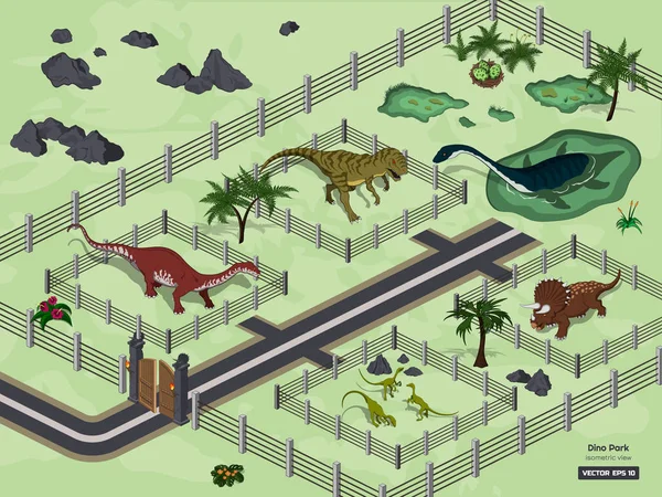 Parco dei dinosauri in stile isometrico. Museo del Giurassico. Zoo di animali antichi 3d — Vettoriale Stock