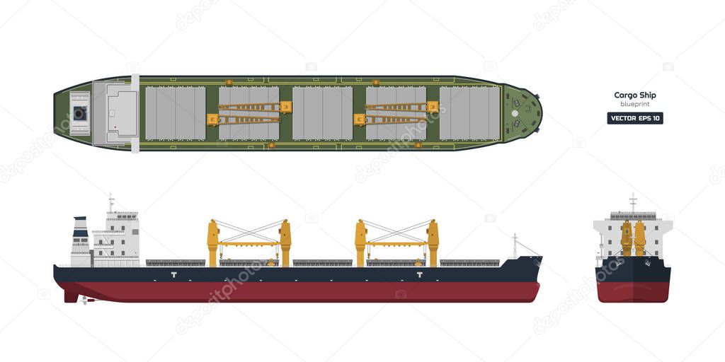 Cargo ship on a white background. Top, side and front view. Container transport in flat style. Industrial drawing of tanker.  Vessel blueprint