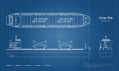 Planını beyaz zemin üzerine kargo gemisi. Üst, yan ve tanker önden görünümü. Konteyner gemi sanayi çizim