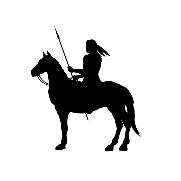 馬に乗ってインドの黒いシルエットは。槍で西部のライダーの分離のイメージ。アメリカの風景 — ストックベクタ