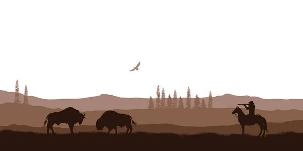 Silhouette de désert avec cow-boy à cheval. Panorama naturel de paysages de chasse. Paysage américain. Faune scène occidentale — Image vectorielle