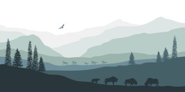 Dağ manzarası siyah silüeti. Amerikan bison. Orman hayvanları doğal Panoraması. İzole Batı sahne. Yaban hayatı sahne
