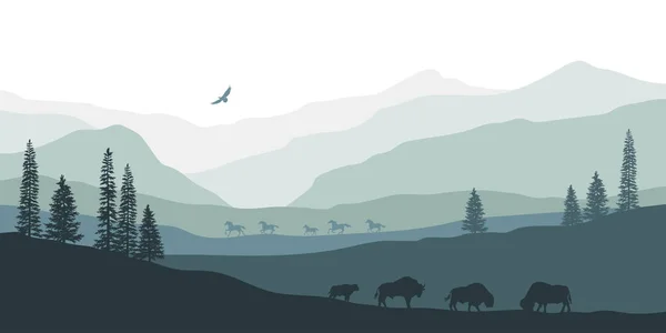 Silhueta preta de paisagem de montanha. Bisonte americano. Panorama natural dos animais florestais. Cenário ocidental isolado. Cena de vida selvagem — Vetor de Stock