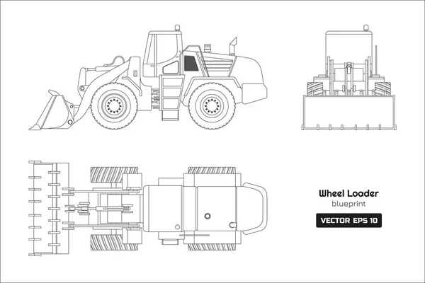 Oversiktstegning av hjullast på hvit bakgrunn. Øverst, på siden og foran. Diesel graver plantegninger. Bilde av hydraulisk maskineri. Bulldoserens industridokument – stockvektor