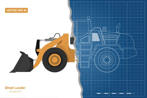 Plan directeur de la chargeuse sur pneus. Haut, côté et vue de face. Fouilleuse diesel. Image de machines hydrauliques. Document industriel du bulldozer — Image vectorielle