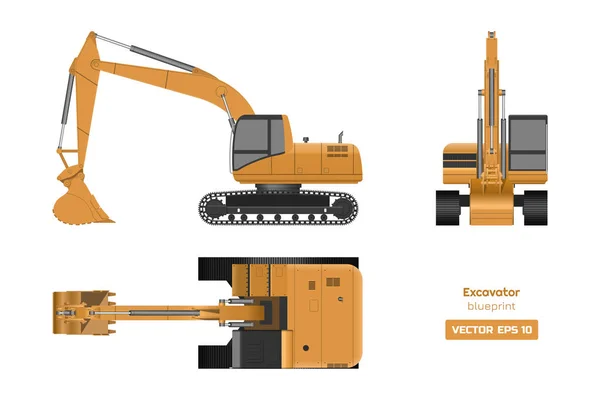 Excavadora sobre fondo blanco. Vista superior, lateral y frontal. Imagen de maquinaria hidráulica. Dibujo industrial. Proyecto de excavadora diesel — Vector de stock