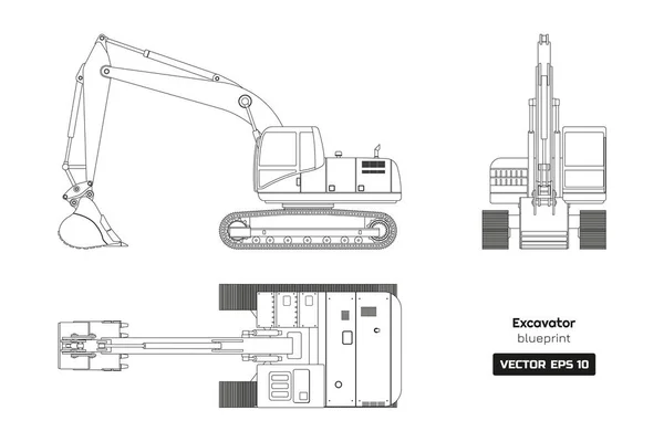 Esquema de dibujo de la excavadora sobre fondo blanco. Vista superior, lateral y frontal. Plano de la excavadora diesel. Imagen de maquinaria hidráulica. Documento industrial — Vector de stock