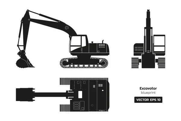 白い背景の上の掘削機の黒いシルエットは。トップ、サイド、フロント ビュー。ディーゼル掘り青写真。油圧機械画像 — ストックベクタ